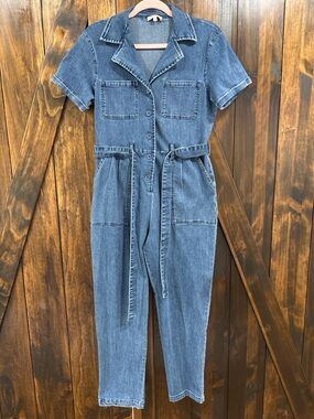 Skies Are Blue Denim Utility Jumpsuit Belted Short Sleeve Small